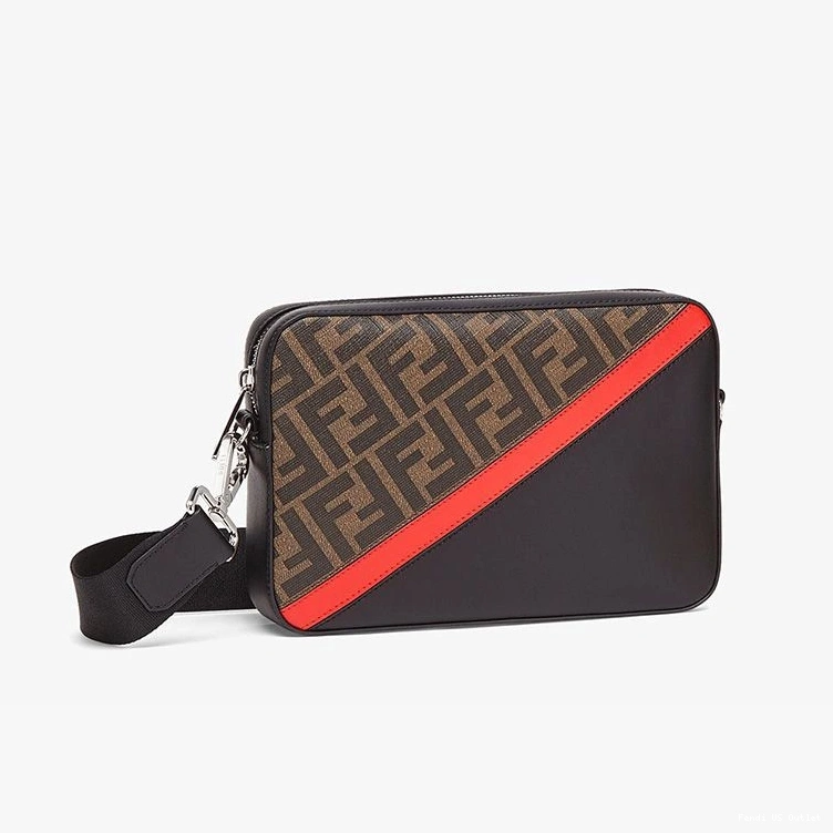 Vintage HOT Red Brown FF In Camera Case Motif Compact Fendi Fabric 0806